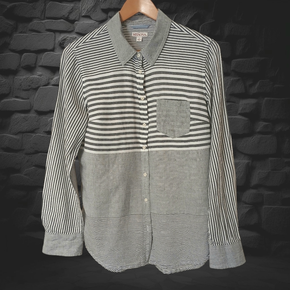 Women's Merona Blouse, Size Large, L/S, Grey Stripes. 100% Cotton, Easy-care